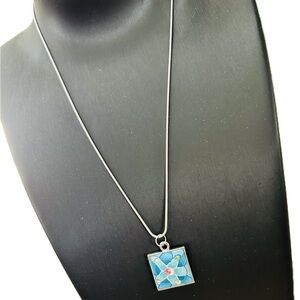 Blue Mosaic Design Rhinestone Pendant Silverplated Fashion Necklace 18"